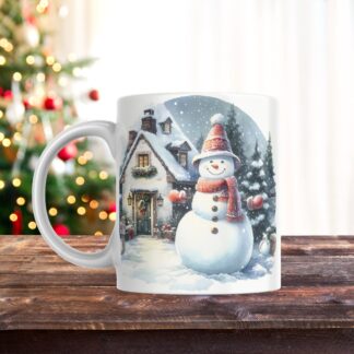 Snowman Christmas Mug Wrap, Vintage Winter House (Digital Download)