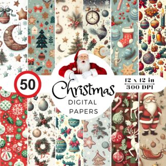 50 Vintage Christmas Digital Papers, Retro Holiday Seamless Patterns (PNG)
