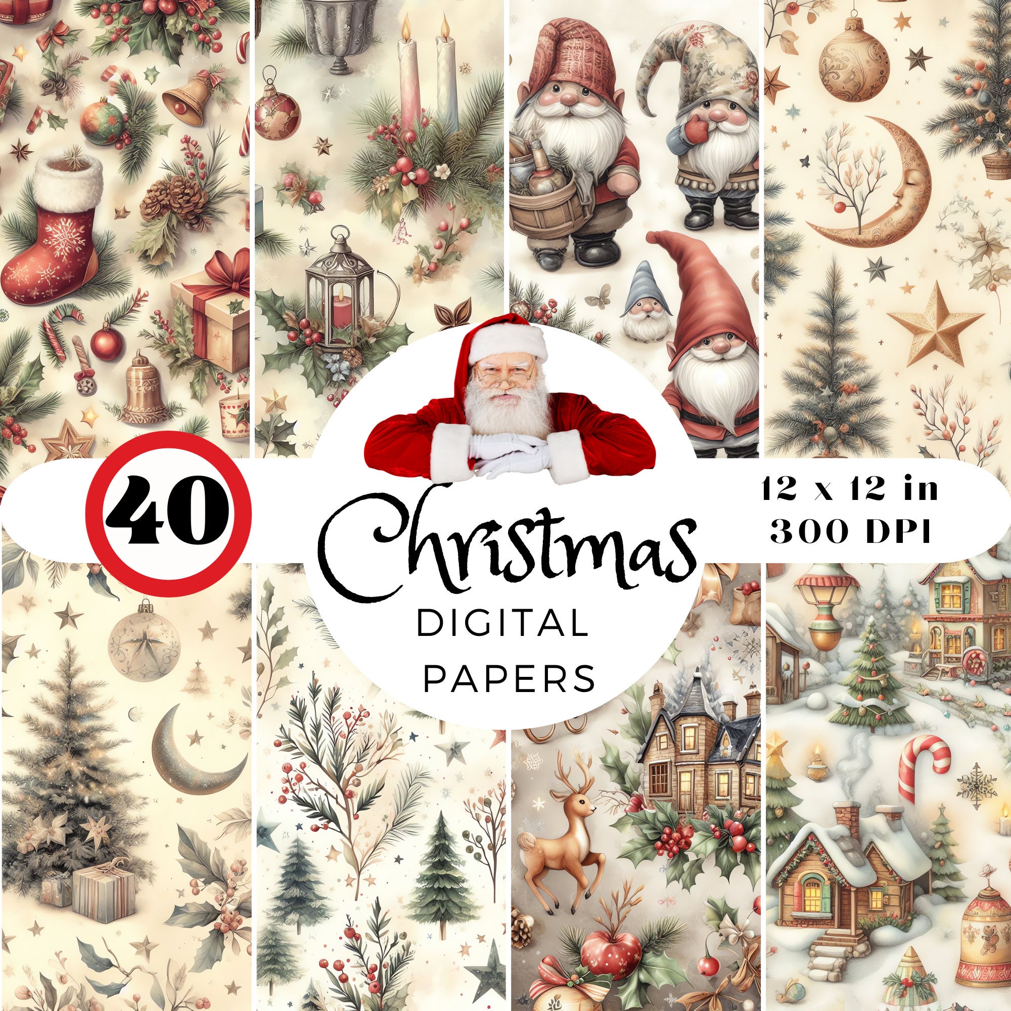 40 Vintage Christmas Digital Papers – Seamless Retro Holiday Patterns (PNG) - Image 4