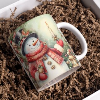 Snowman Christmas Mug Wrap, Vintage Cottage Scene (PNG Digital Download)