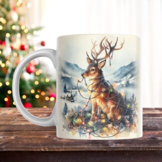Funny Reindeer Christmas Mug Wrap: Tangled Lights, Vintage Holiday (Digital Download)
