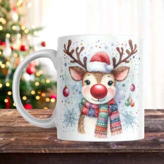 Reindeer Christmas Mug Wrap, Red Nose 3D Design (Digital Download)