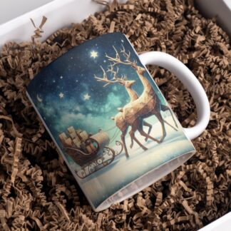 Vintage Reindeer Sleigh Mug Wrap, 3D Christmas Design (Digital Download)