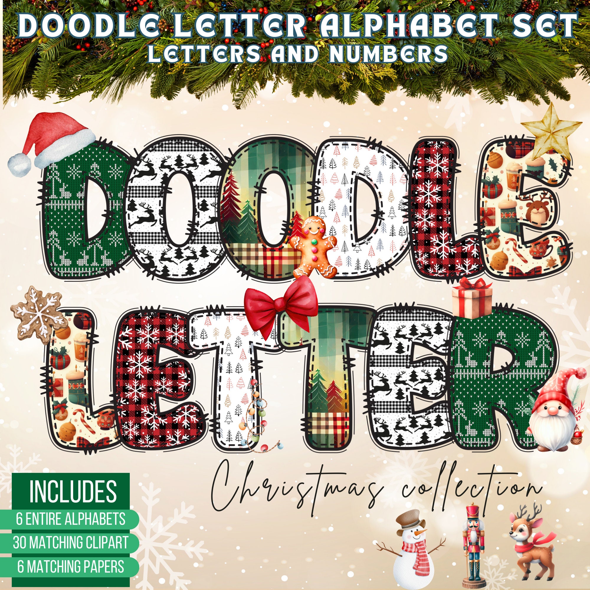 Christmas Doodle Font | PNG Alphabet & Numbers (Digital Download)