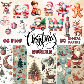 Watercolor Christmas Clipart & Digital Paper Bundle for Crafts, Scrapbooking and Planners (PNG)
