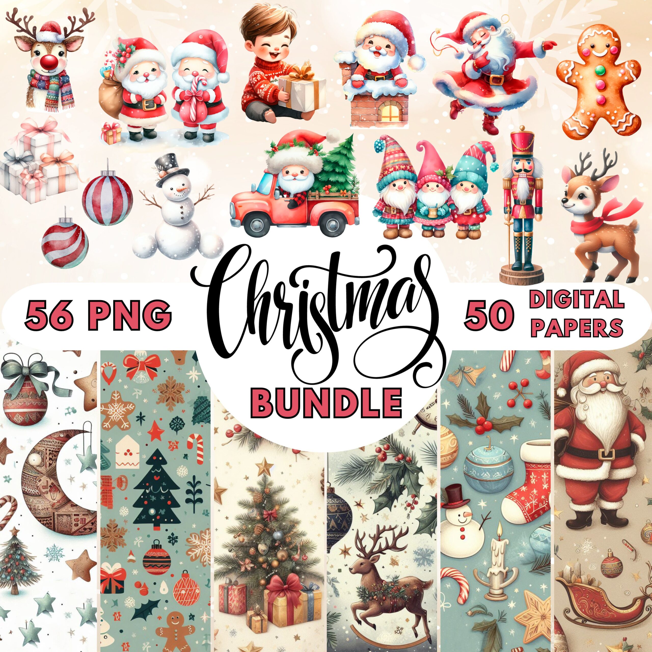 Watercolor Christmas Clipart & Digital Paper Bundle for Crafts, Scrapbooking and Planners (PNG)