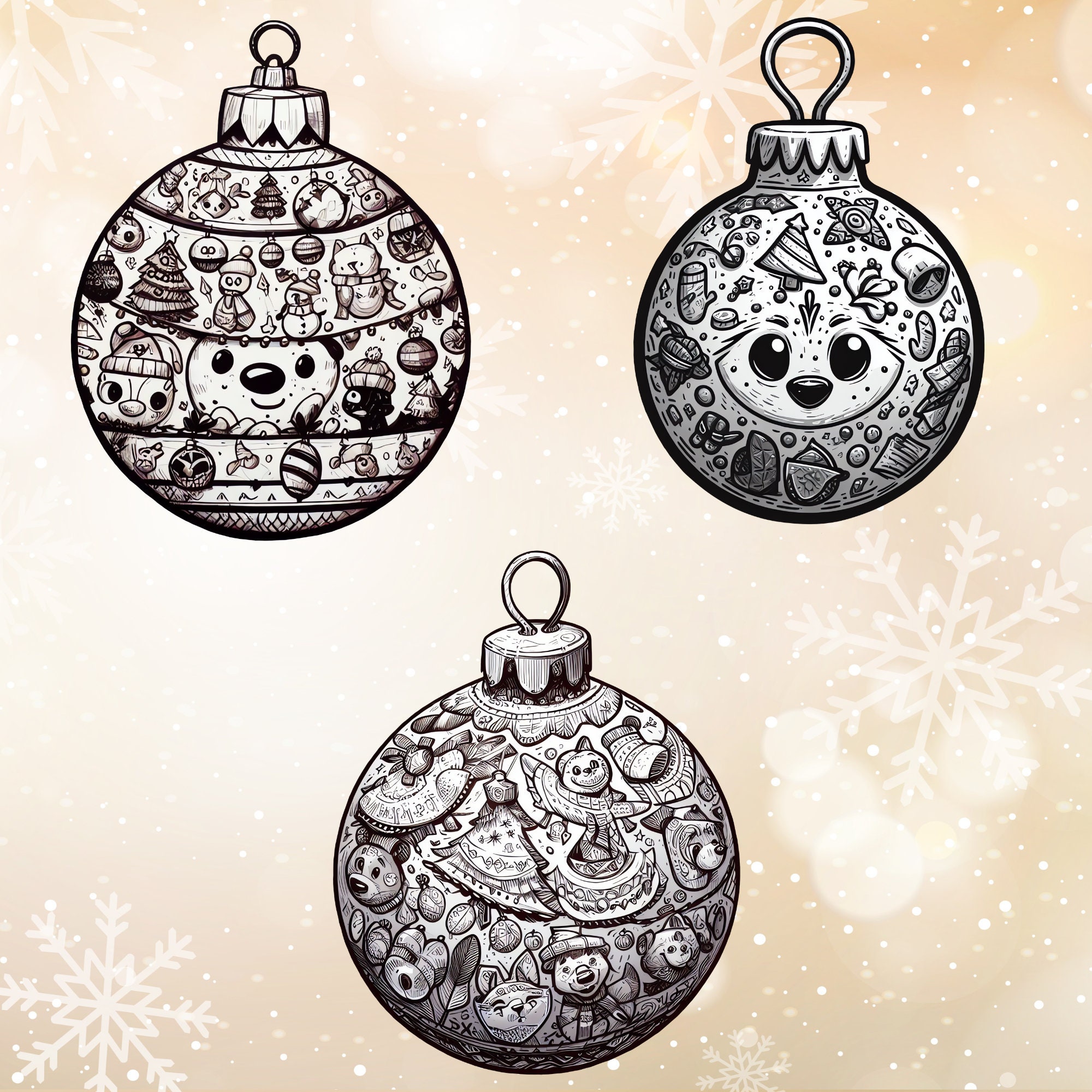 Monochrome Christmas Ball Clipart Set, Modern Holiday Ornaments (Digital Art) - Image 2