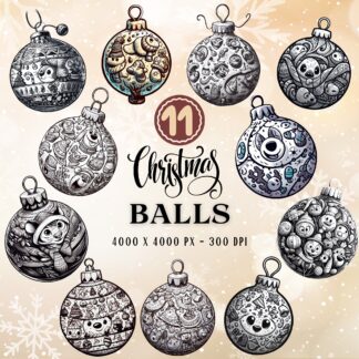 Monochrome Christmas Ball Clipart Set, Modern Holiday Ornaments (Digital Art)