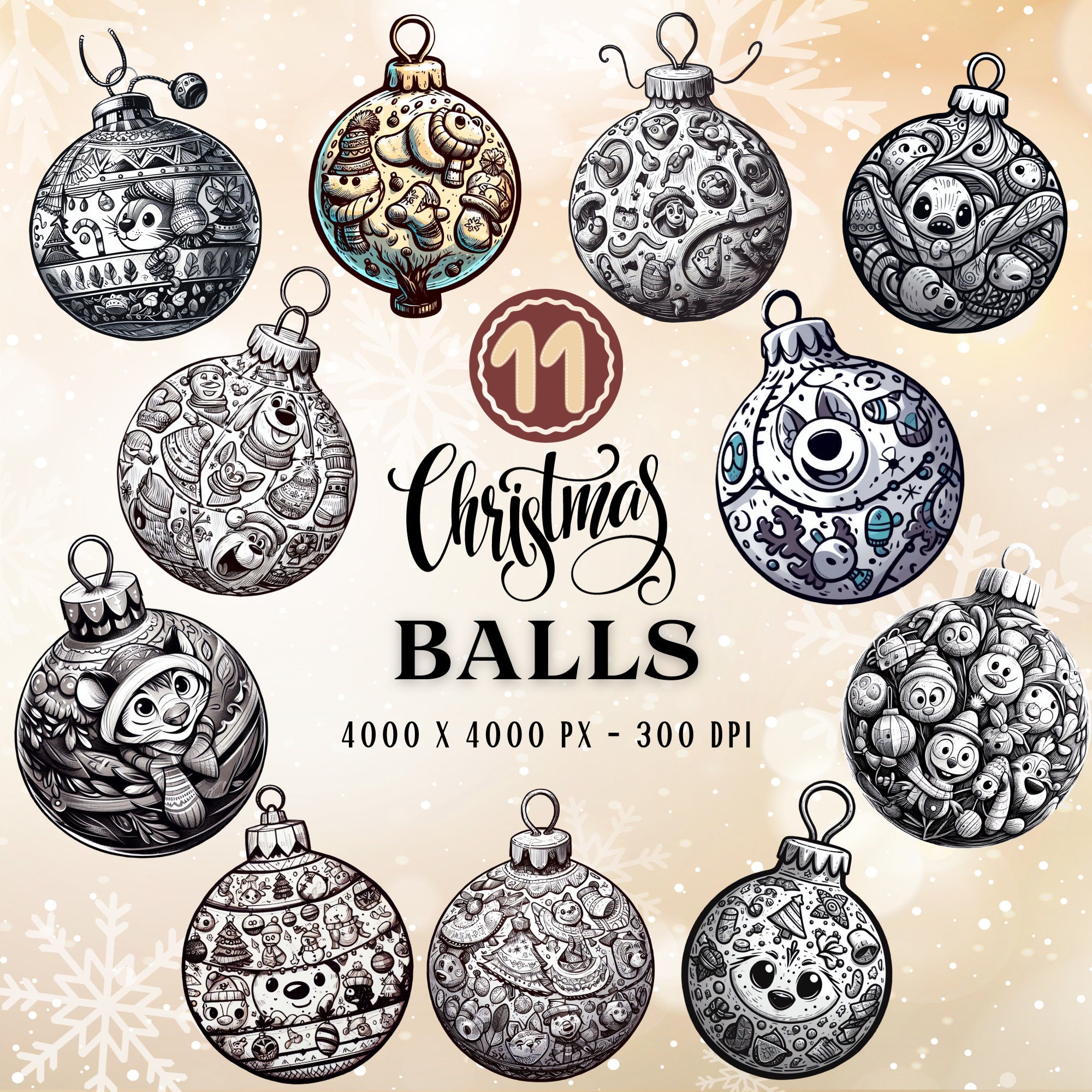 Monochrome Christmas Ball Clipart Set, Modern Holiday Ornaments (Digital Art)