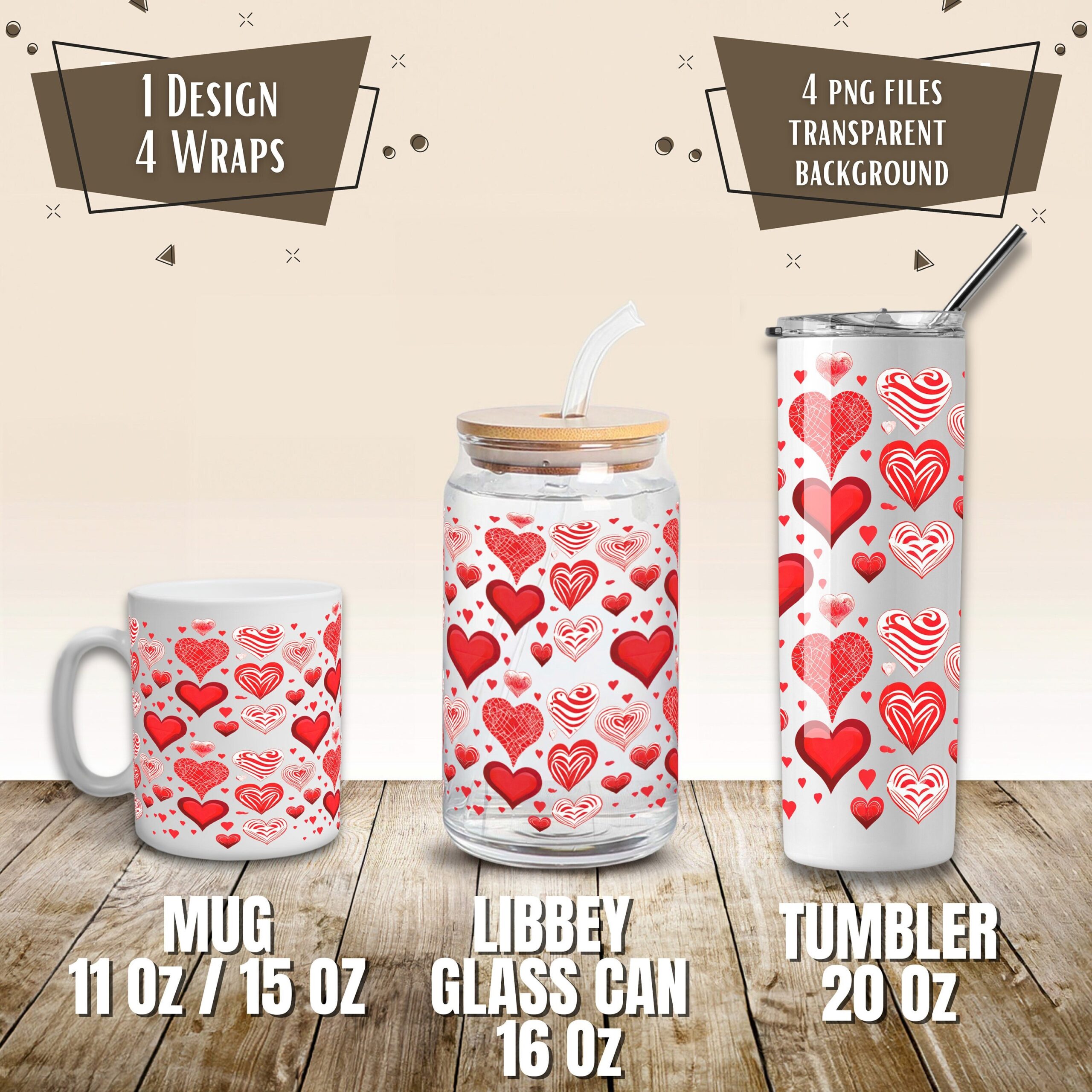 Valentine Hearts Mug & Tumbler Wrap, Sublimation Design (Digital Download)