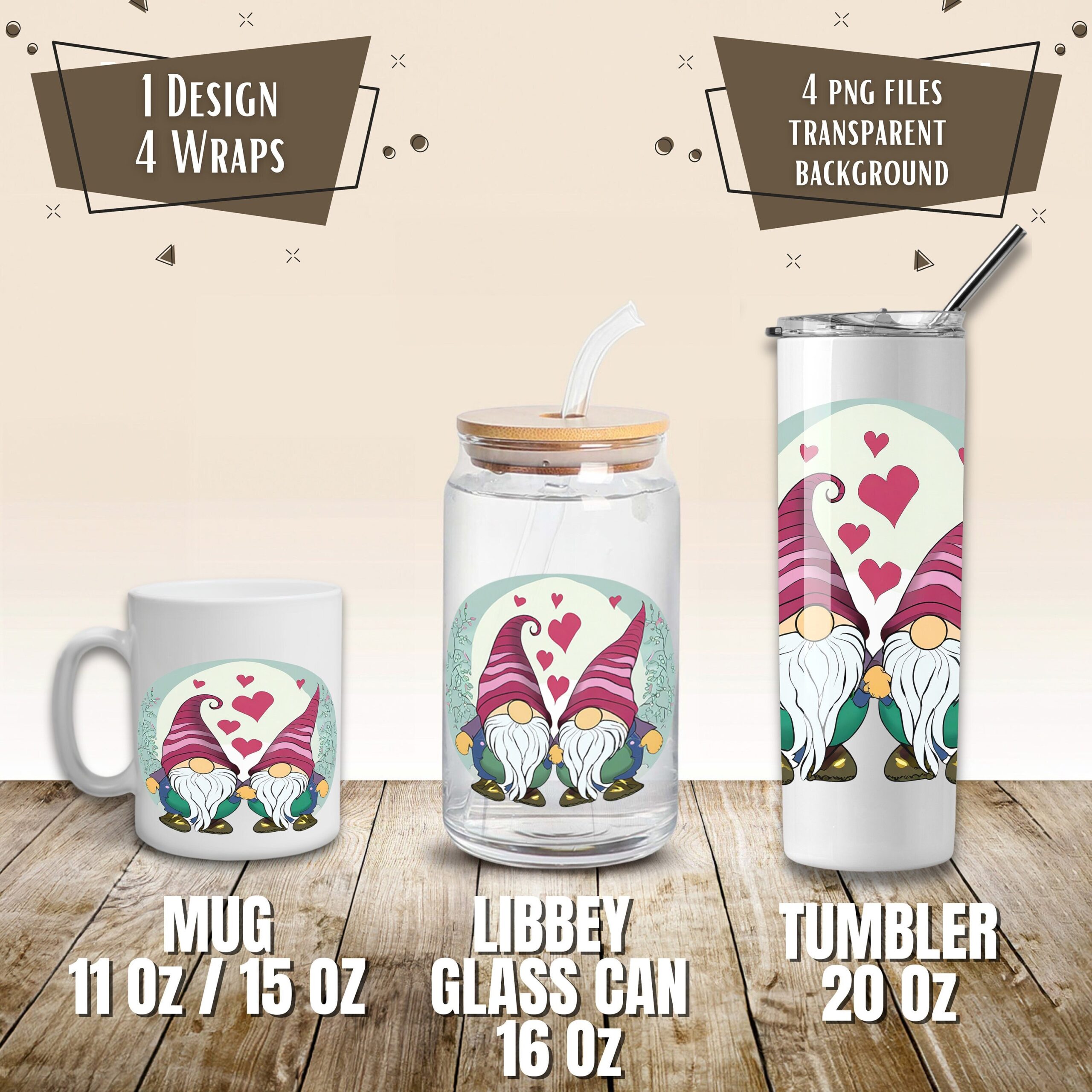 Valentine Gnomes Mug and Tumbler Wrap, Sublimation Design (Digital Download)