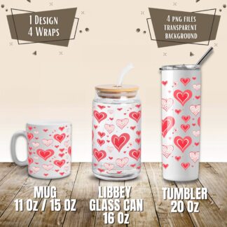 Valentine Hearts Mug and Tumbler Wrap Set, Sublimation Design (Digital Download)