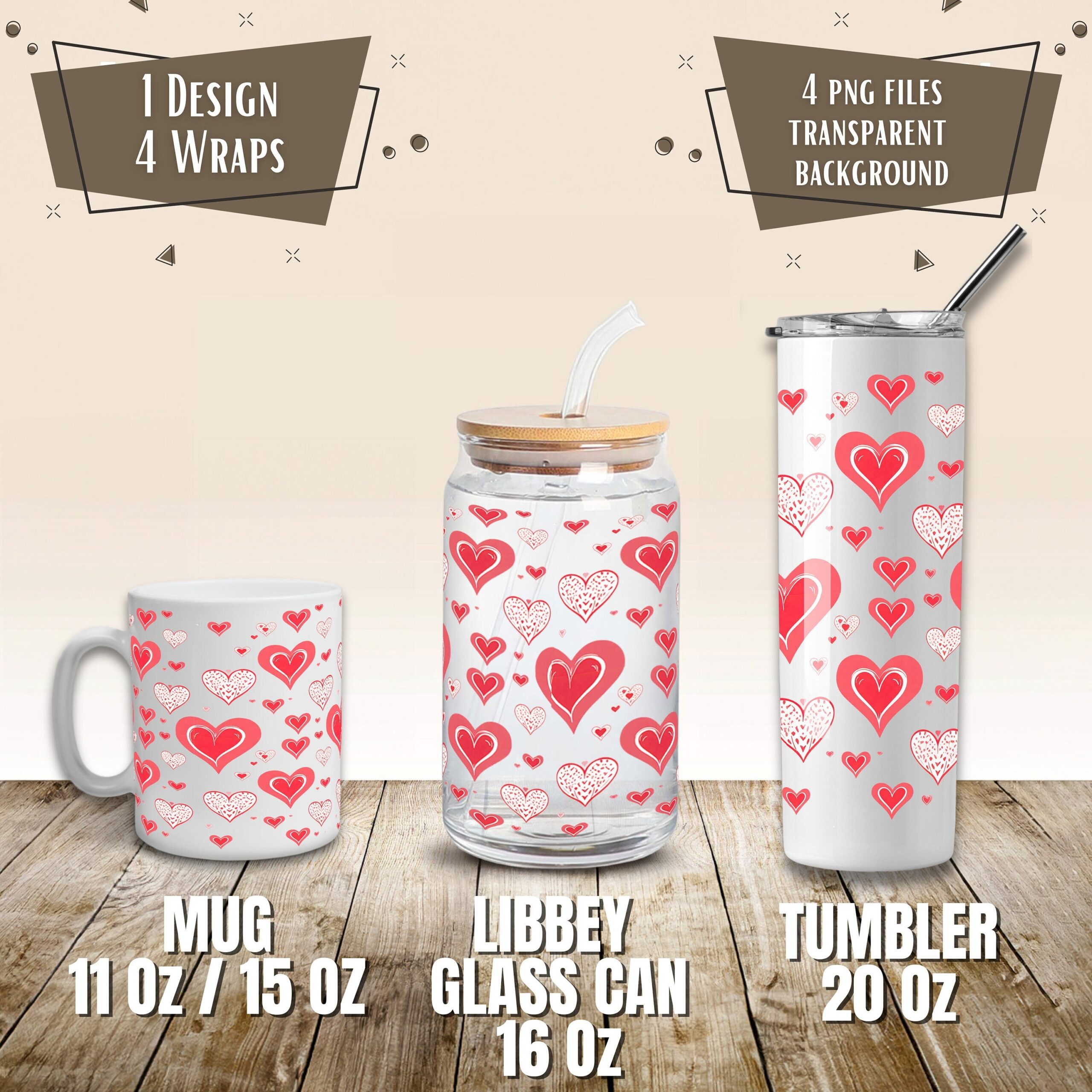 Valentine Hearts Mug and Tumbler Wrap Set, Sublimation Design (Digital Download)
