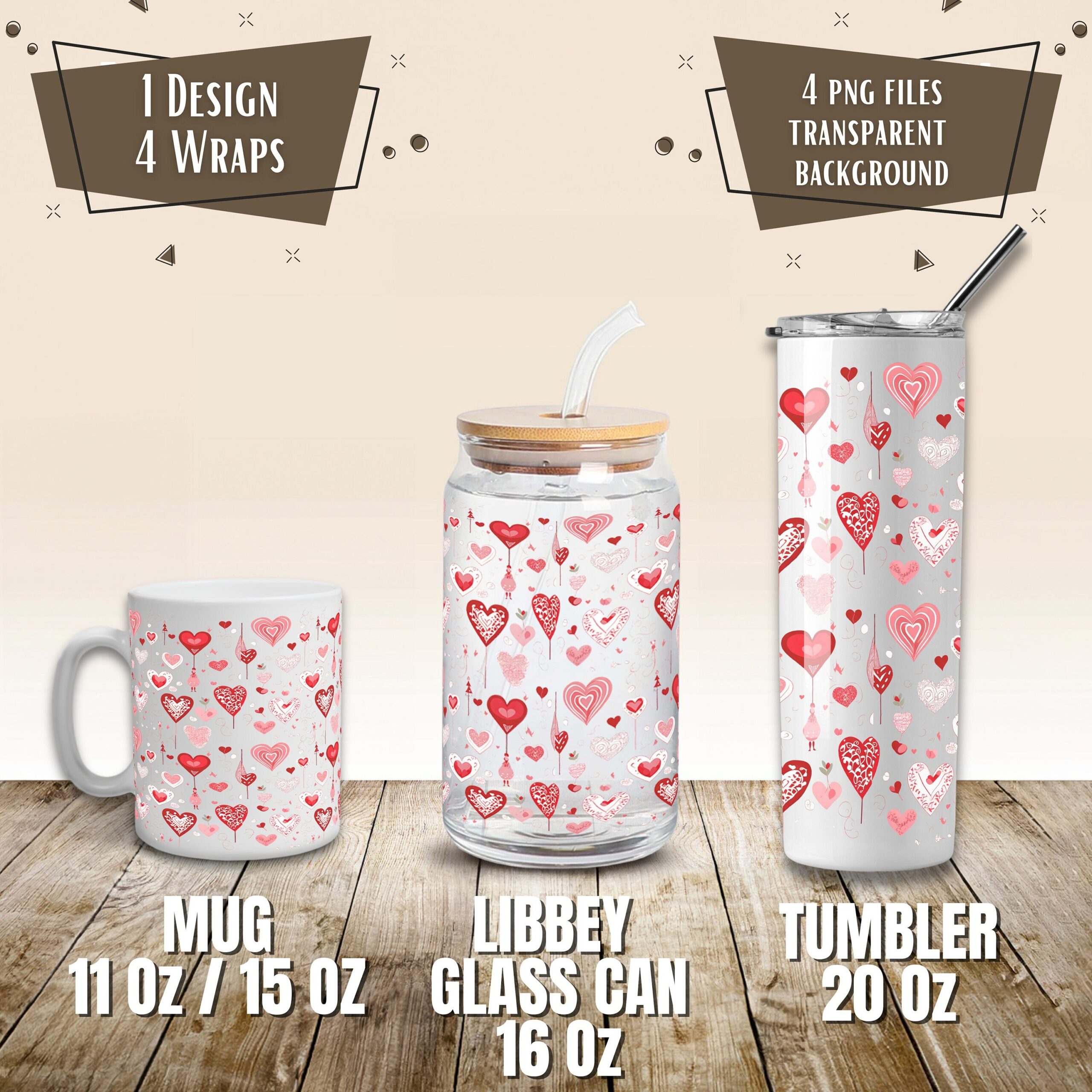 Valentine Hearts Mug and Tumbler Wrap, Sublimation Design (Digital Download)