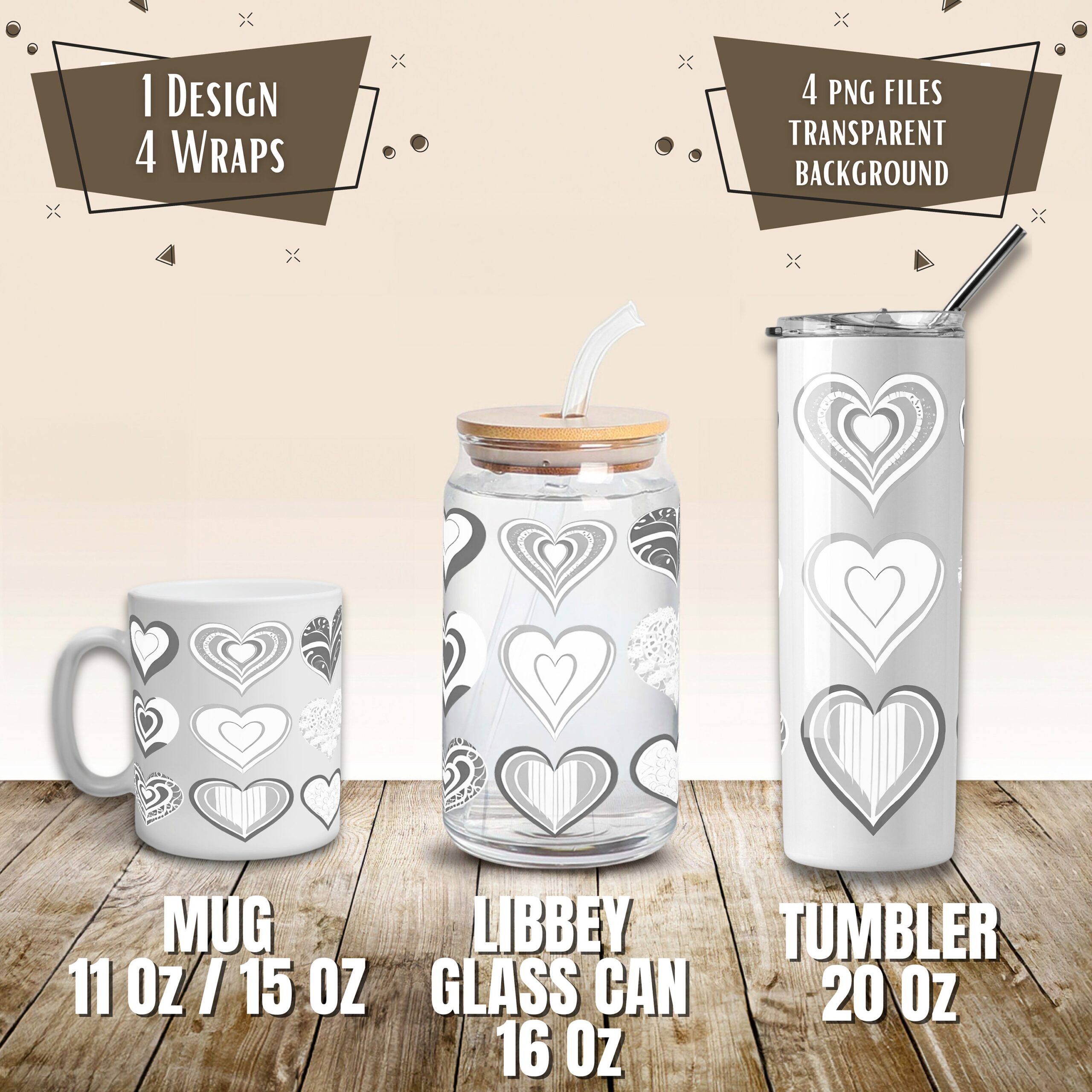 Valentine Hearts Mug and Tumbler Wrap, Sublimation Design (Digital Download)