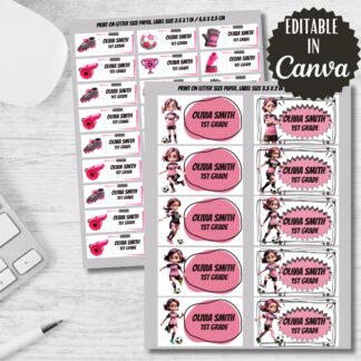Soccer Girl Labels, Back to School Stickers, Editable in Canva (Digital Download)