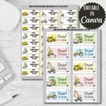 Construction Machines School Labels, Printable Stickers, Editable in Canva