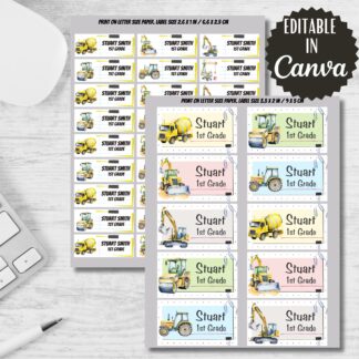 Construction Machines School Labels, Printable Stickers, Editable in Canva