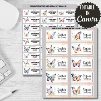 Watercolor Butterfly Labels, Back to School Stickers (Editable in Canva)