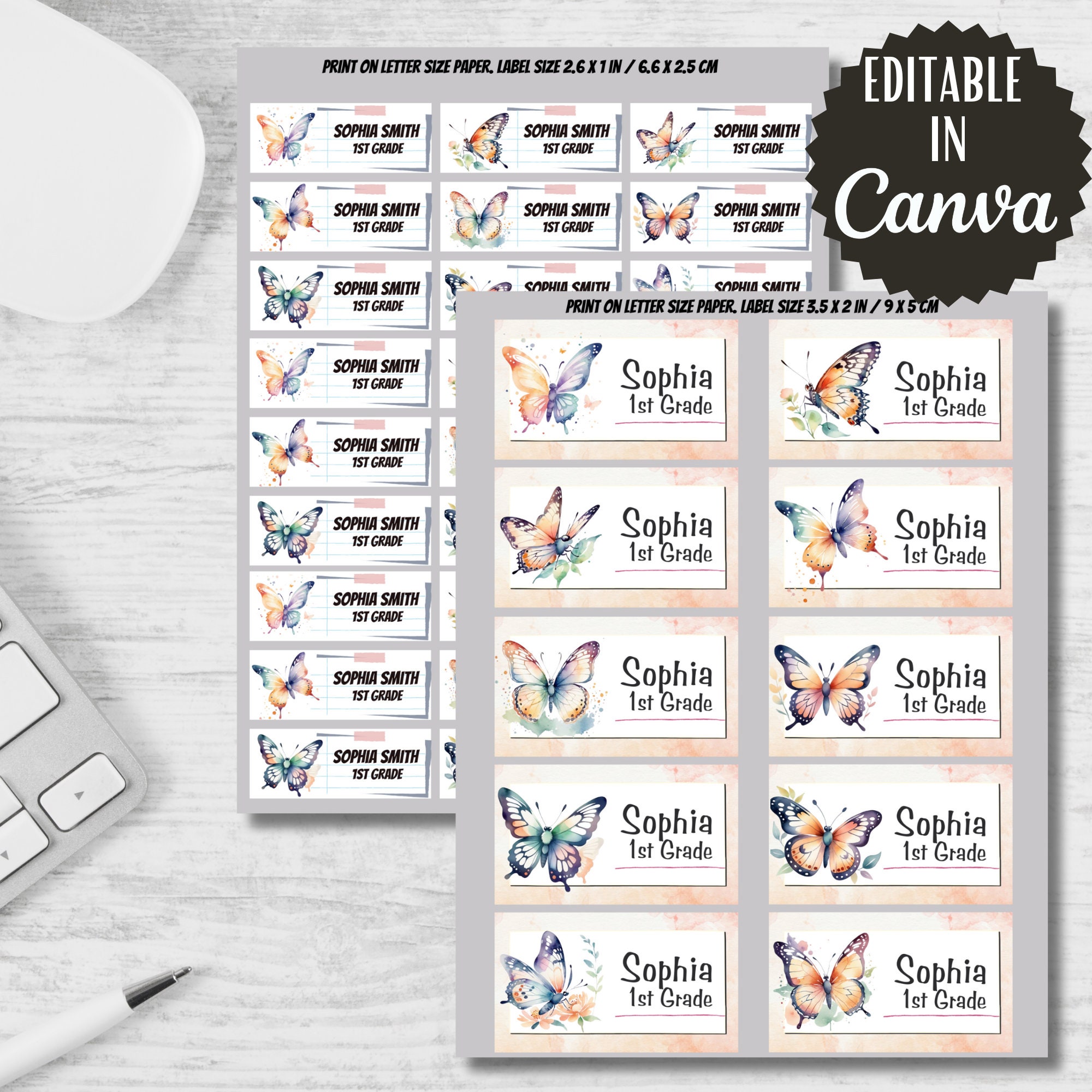 Watercolor Butterfly Labels, Back to School Stickers (Editable in Canva)
