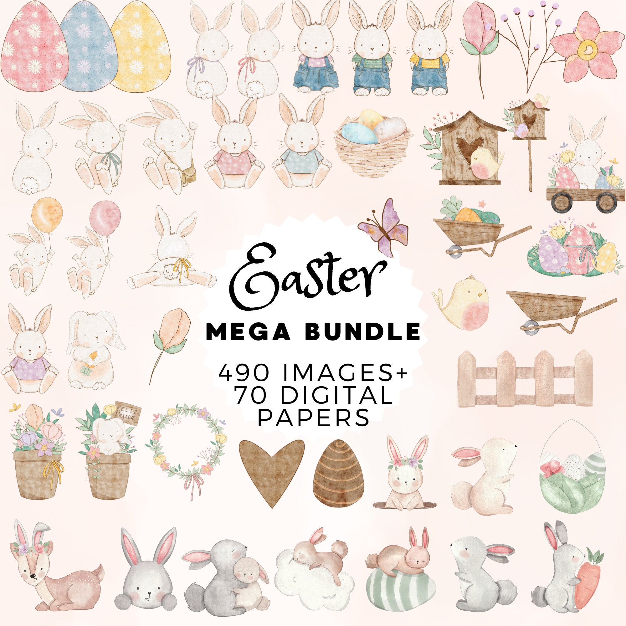 Easter Clipart Mega Bundle: Watercolor Bunnies & Digital Papers (Instant Download)