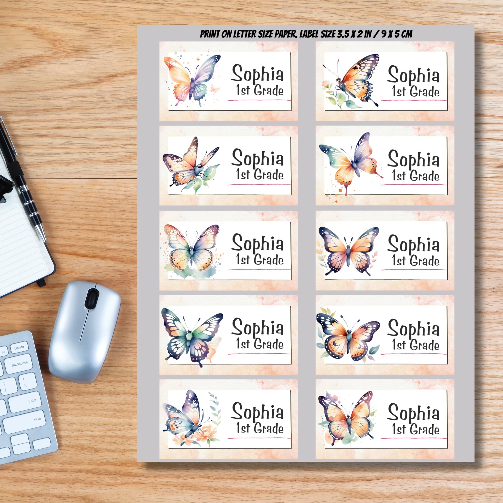 Watercolor Butterfly Labels, Back to School Stickers (Editable in Canva) - Image 2
