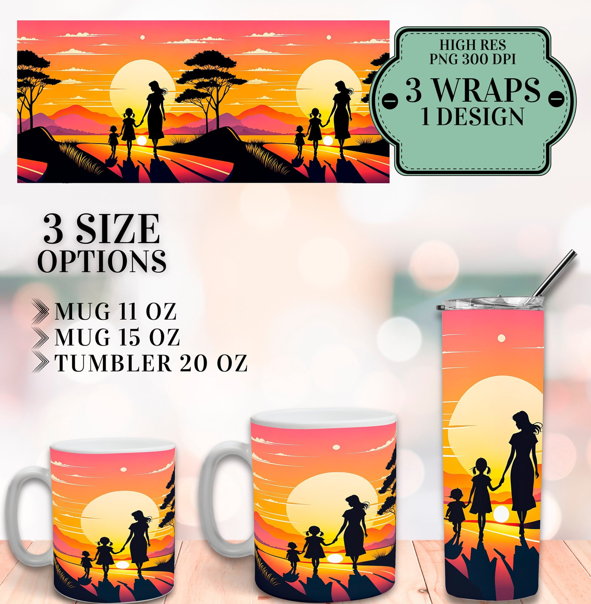 Mother's Day Mug and Tumbler Wrap, Sunset Silhouette (Digital Download)