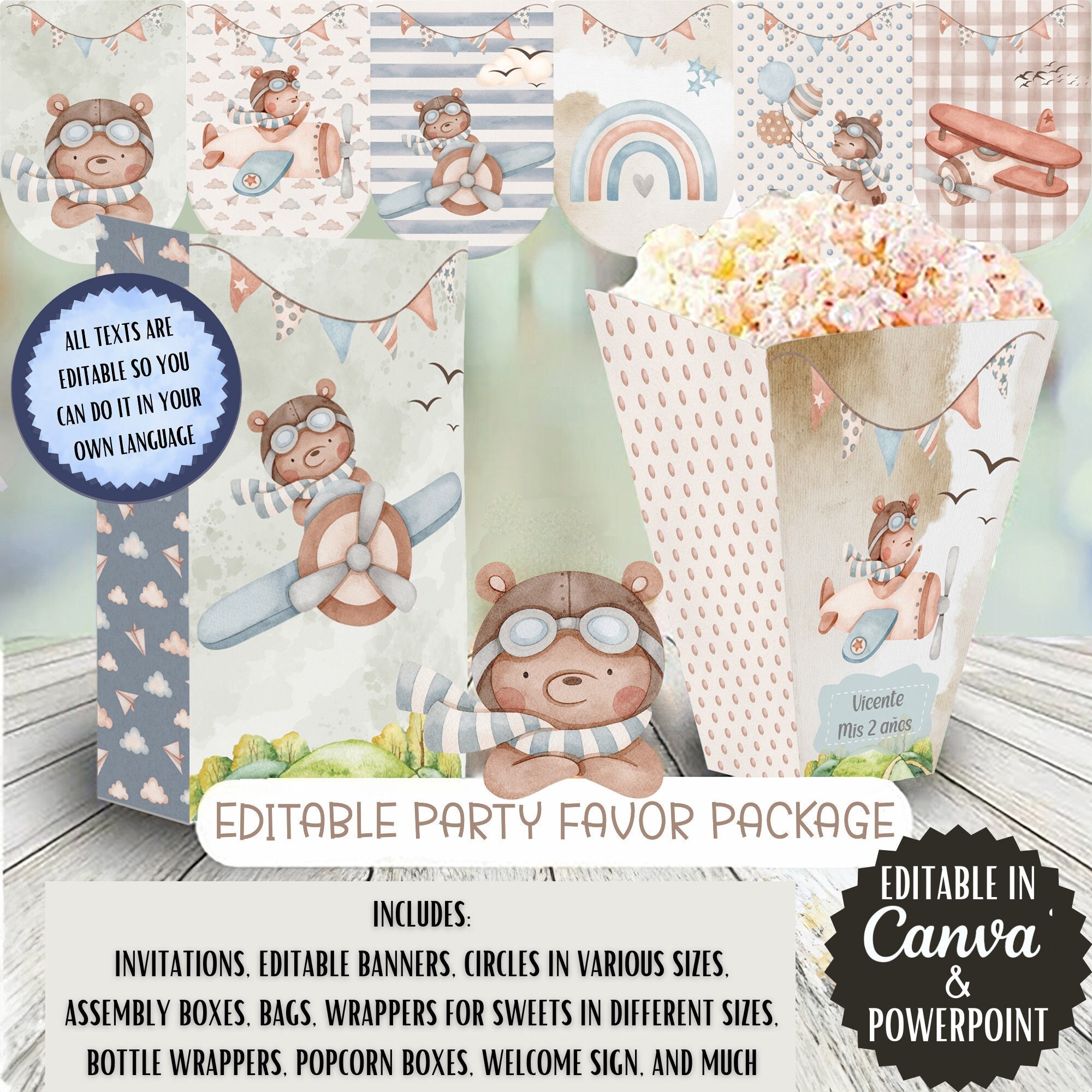Aviator Bear Party Kit: Watercolor Airplanes, Editable Text (Digital Download)