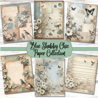 Blue Shabby Chic Digital Paper, Floral Junk Journal Kit (PDF)
