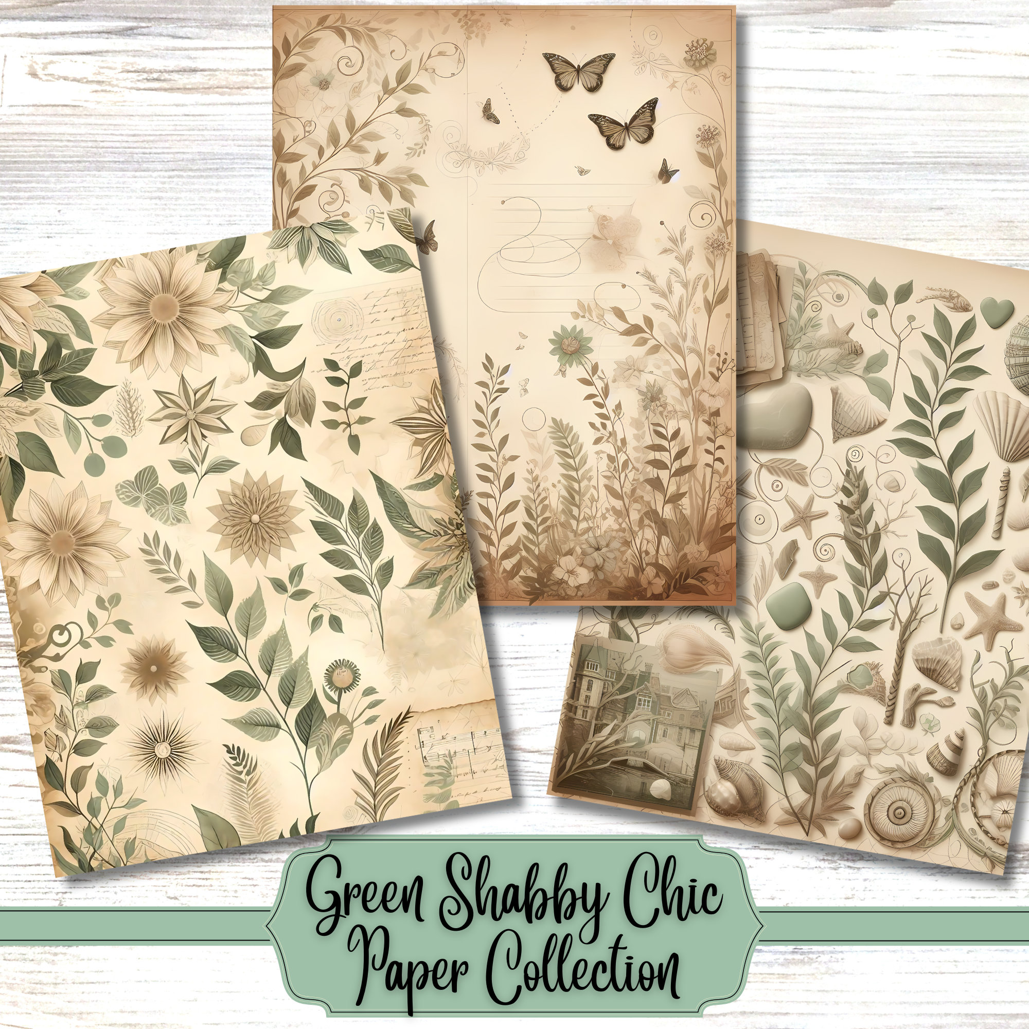 Green Shabby Chic Printable Paper | Vintage Floral Junk Journal (Digital Download) - Image 2