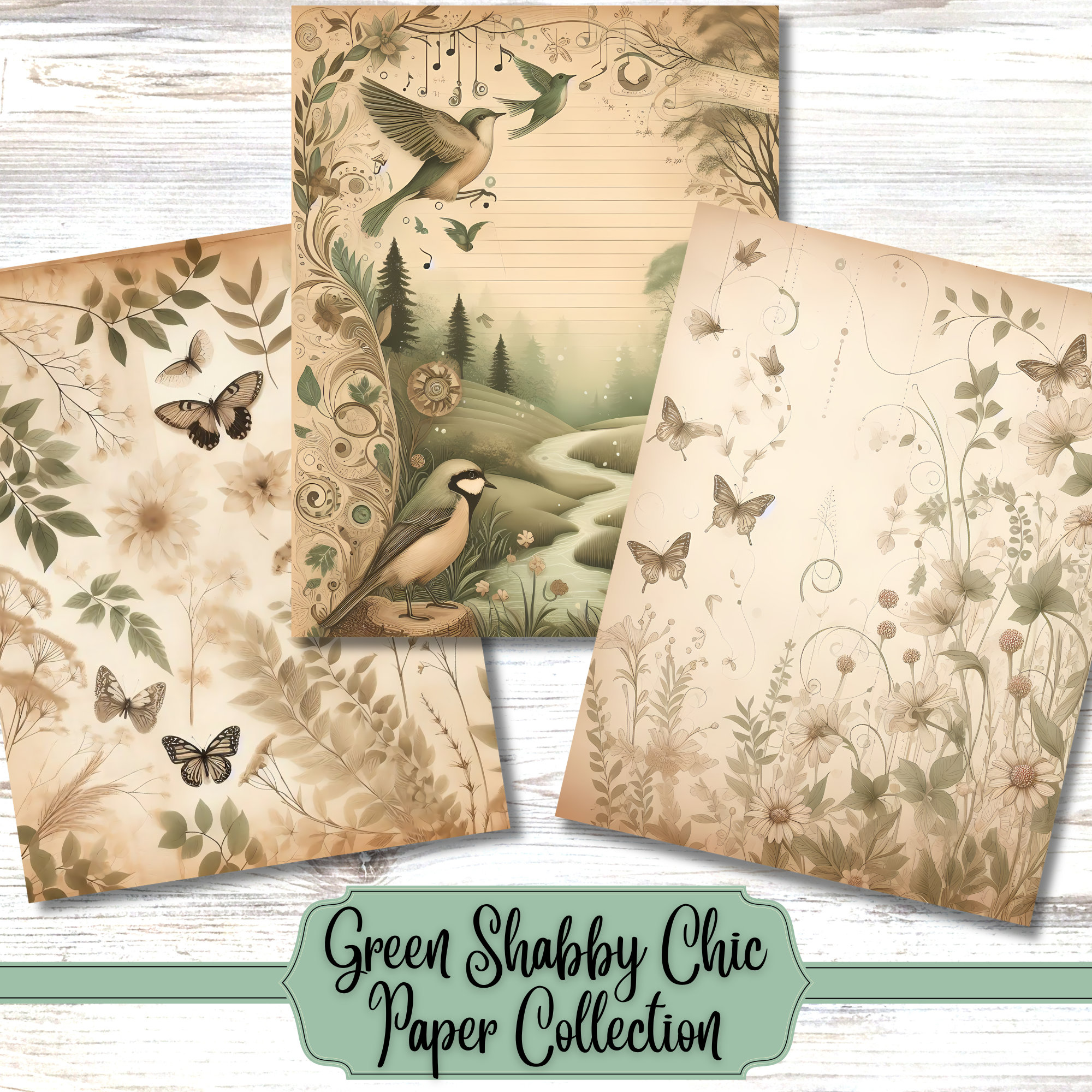 Green Shabby Chic Printable Paper | Vintage Floral Junk Journal (Digital Download) - Image 6