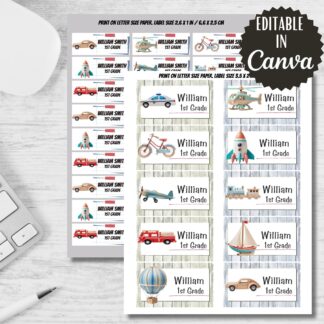 Wooden Transport Toys Labels, Back to School Stickers (Editable in Canva)