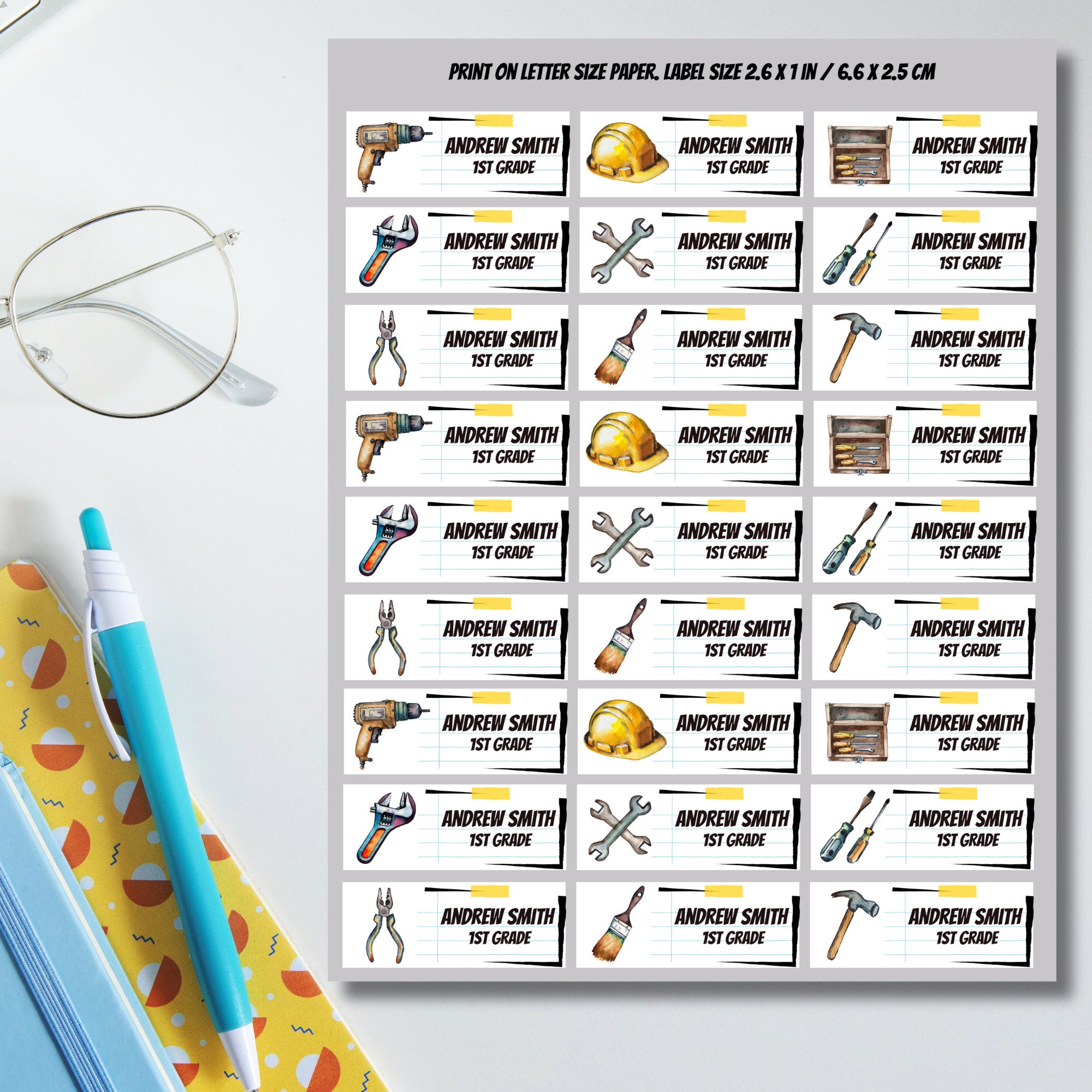 Watercolor Hand Tools Labels, Back to School Stickers (Editable in Canva) - Image 3