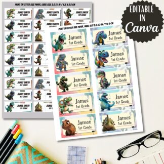 Dinosaur Labels, Back to School Stickers, Editable in Canva (Digital Download)