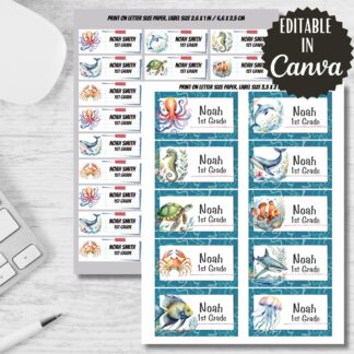 Sea Animals Printable Labels, Back to School Stickers (Editable in Canva)