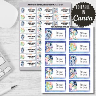 Space Stickers, Back to School Labels, Astronaut, Planets (Editable in Canva)