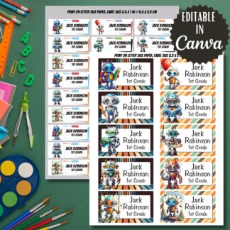 Robots Printable Labels, Back to School Stickers, Editable in Canva (Digital Download)