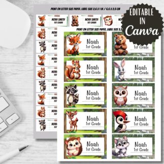 Woodland Animals Printable Labels, Back to School Stickers (Editable in Canva)