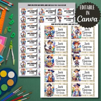 Pirate Labels, Back to School Stickers, Editable in Canva (Digital Download)