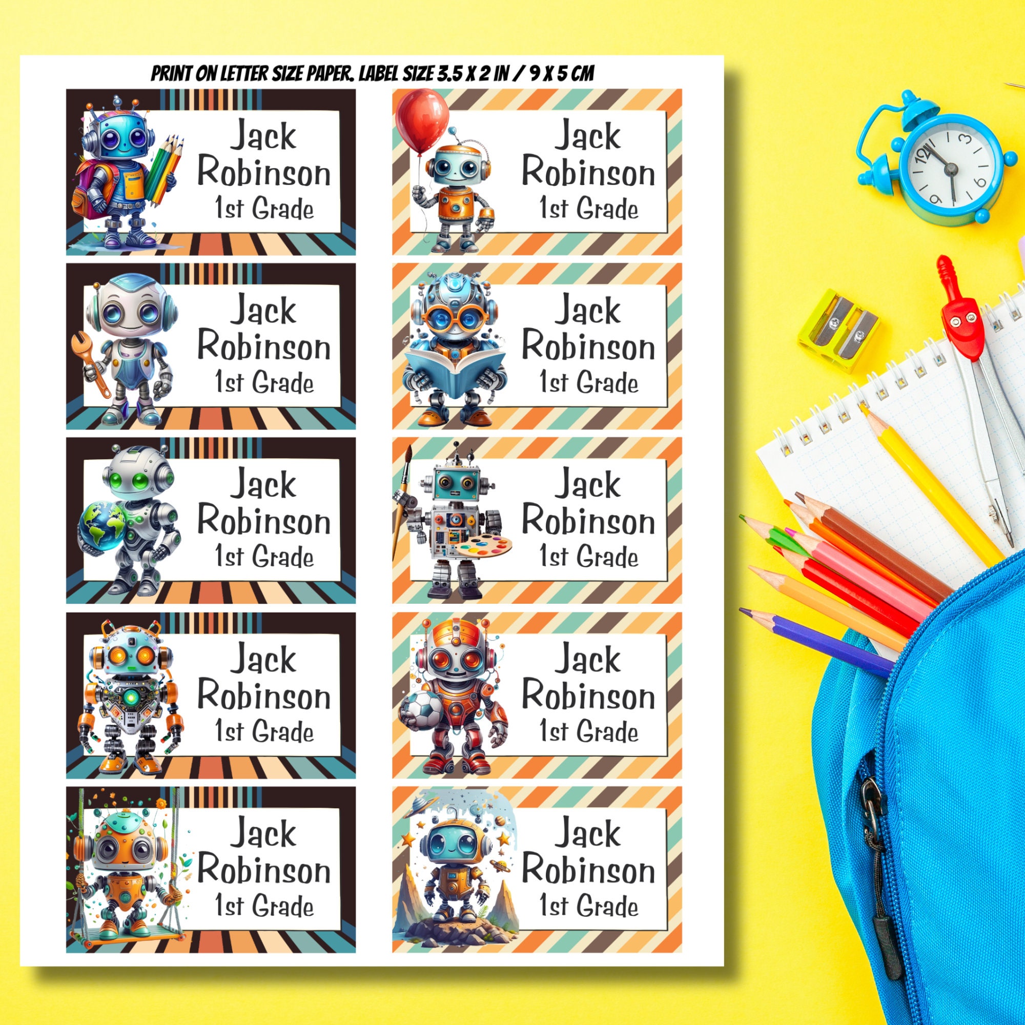 Robots Printable Labels, Back to School Stickers, Editable in Canva (Digital Download) - Image 2