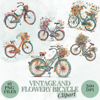 Vintage Bicycle Clipart, Floral Bike Designs (PNG Images) (Digital Download)