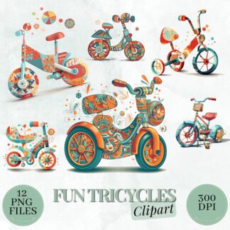 Funny Tricycles Clipart. Pack of 12 PNG images 300 DPI