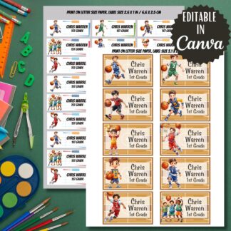 Basketball Labels, Back to School Stickers, Editable in Canva (Digital Download)