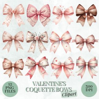 Watercolor Valentine's Coquette Bows Clipart Bundle, Whimsical Romantic Ribbon Graphics, Love PNG for Decorations, Pink Bow, Pink Ribbon PNG