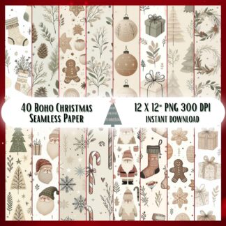 Boho Christmas Digital Papers – 40 Seamless PNGs