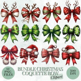 Watercolor Christmas Clipart & Digital Paper Bundle: Red, Green and Plaid Bows (PNG)