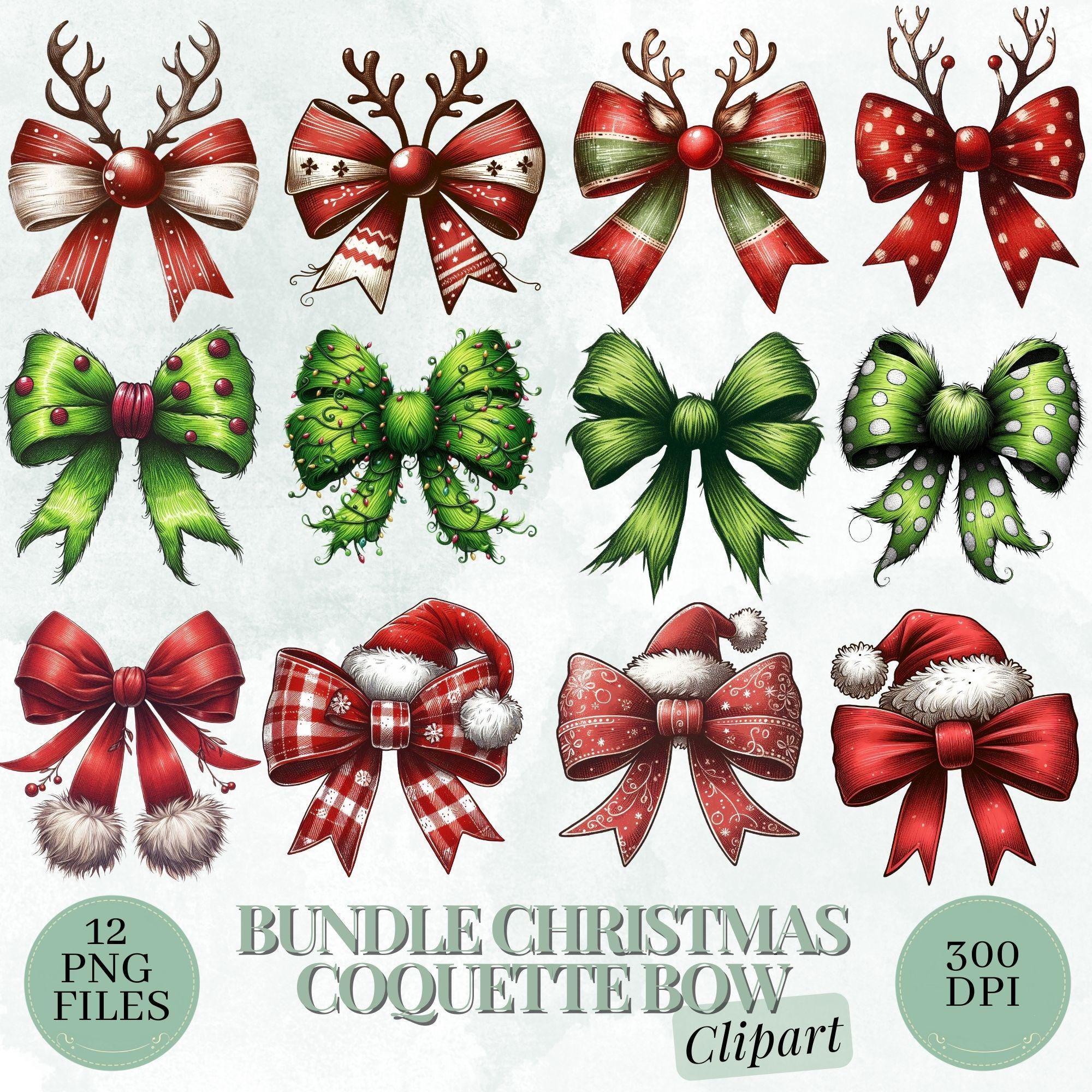 Watercolor Christmas Clipart & Digital Paper Bundle: Red, Green and Plaid Bows (PNG)
