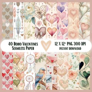 40 Valentines Watercolor Digital Papers | Romantic Boho Heart Patterns (Digital Download)