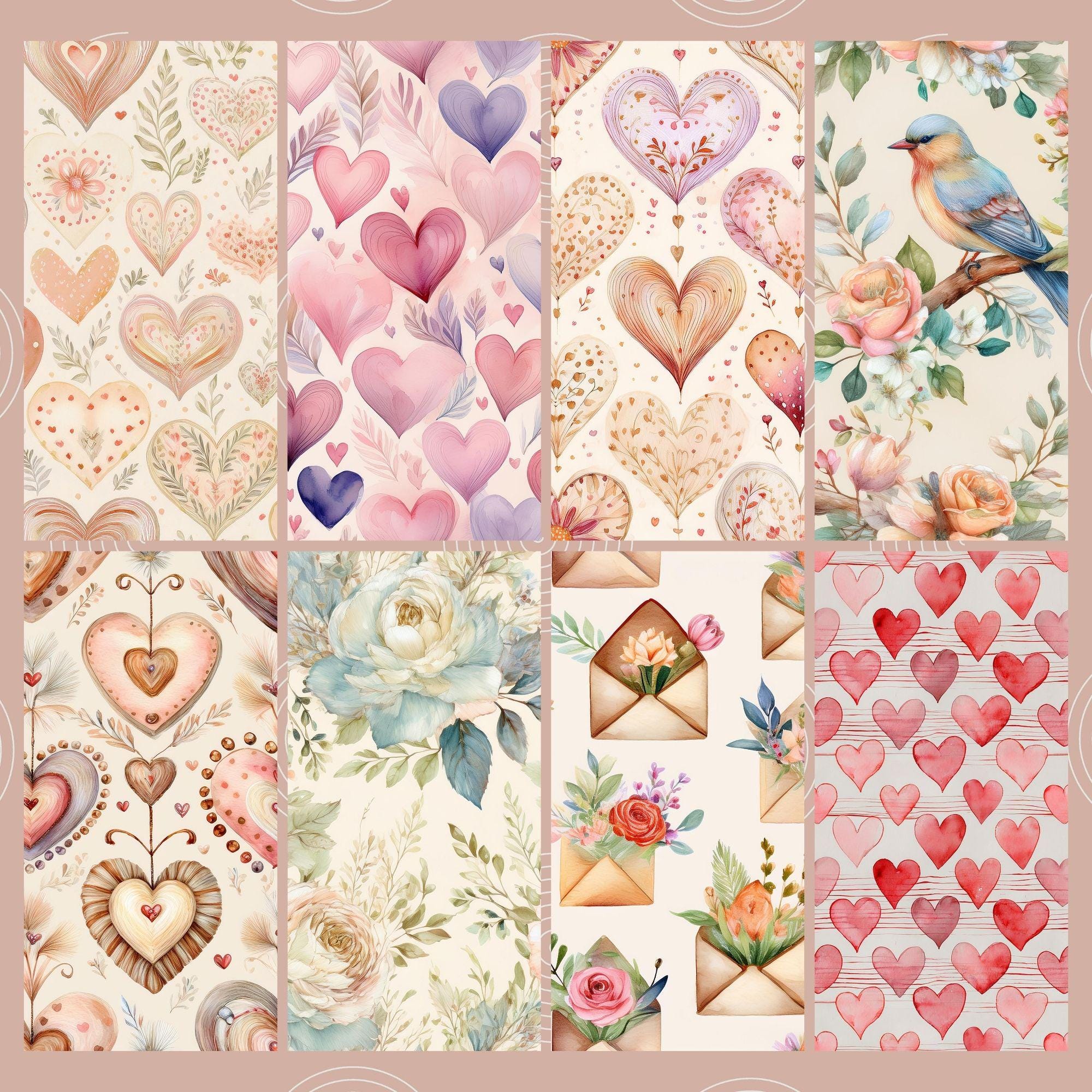 40 Valentines Watercolor Digital Papers | Romantic Boho Heart Patterns (Digital Download) - Image 4
