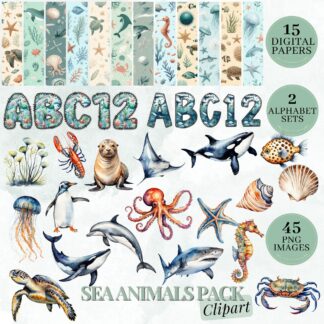Watercolor Sea Life Clipart Bundle, Ocean Animals, Alphabet, Seamless Papers (PNG)
